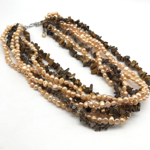 925 Sterling Silver Vintage Multi-Strand Gemstone Pearl Tiger's Eye Necklace - Picture 6 of 10